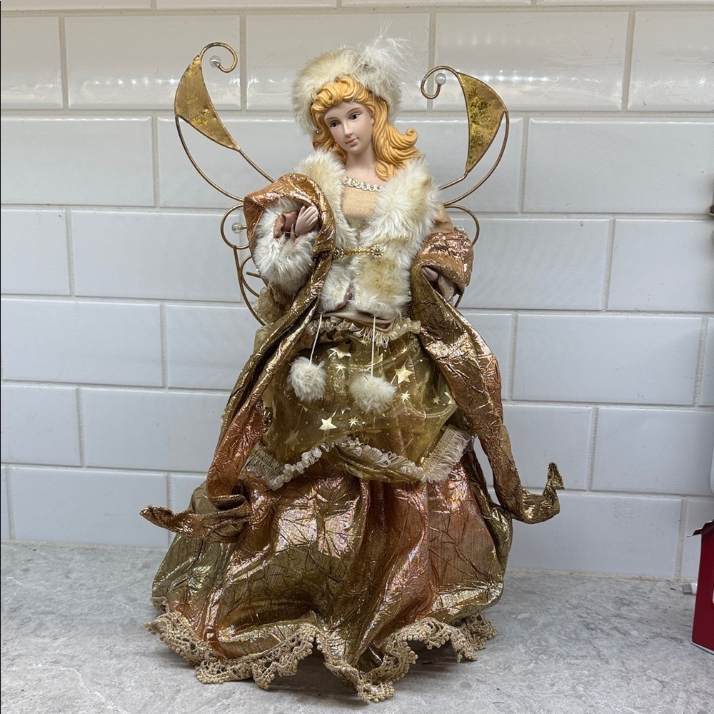 Stunning Vintage Gold and Cream Angel Figurine 15” tree topper